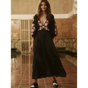 THE GREAT The Sagebrush Dress Maxi sz 1 S Embroidered Puff Sleeves Wedding Navy